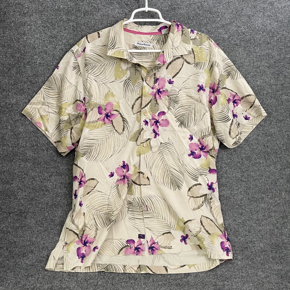 Tommy Bahama Monterosso Beach Shirt Mens Sz L Silk Hawaiian Purple Orchid Floral